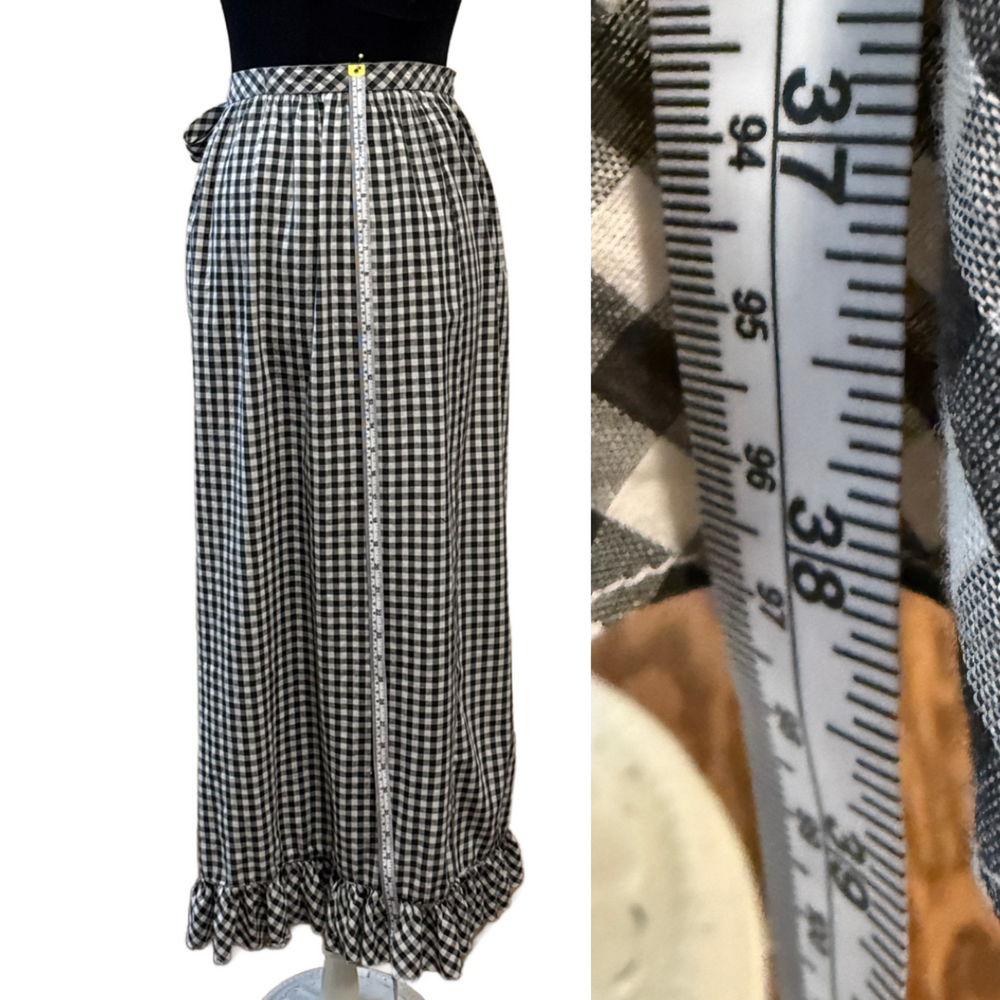 Vintage 60s MARY QUANT Penneys Maxi Wrap Skirt Gingham Ruffle Prairie Black Sz S - Picture 8 of 15
